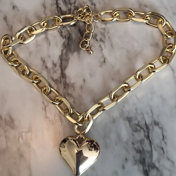 Chunky Heart Necklace Statement Necklace with Big Puffy Heart Gold Tone - Picture 11 of 11